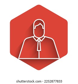 White line Lawyer, attorney, jurist icon isolated with long shadow. Jurisprudence, law or court icon. Red hexagon button. Vector Illustration