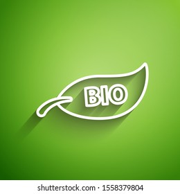White line Leaf Bio symbol icon isolated on green background. Banner, label, tag, logo, sticker for eco green.  Vector Illustration