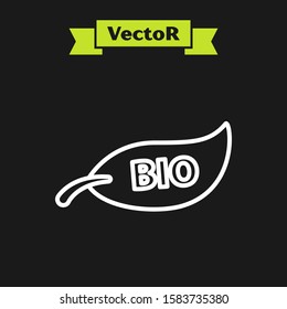 White line Leaf Bio symbol icon isolated on black background. Banner, label, tag, logo, sticker for eco green.  Vector Illustration