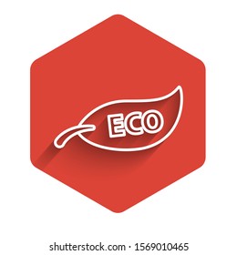 White line Leaf Eco symbol icon isolated with long shadow. Banner, label, tag, logo, sticker for eco green. Red hexagon button. Vector Illustration