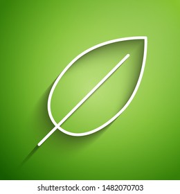 White line Leaf icon isolated on green background. Fresh natural product symbol.  Vector Illustration