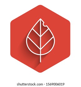 White line Leaf icon isolated with long shadow. Fresh natural product symbol. Red hexagon button. Vector Illustration