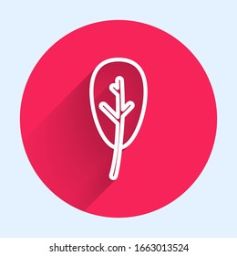 White line Leaf icon isolated with long shadow. Leaves sign. Fresh natural product symbol. Red circle button. Vector Illustration