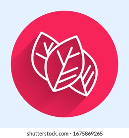 White line Leaf icon isolated with long shadow. Leaves sign. Fresh natural product symbol. Red circle button. Vector Illustration