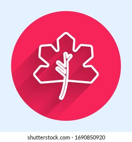 White line Leaf icon isolated with long shadow. Leaves sign. Fresh natural product symbol. Red circle button. Vector Illustration