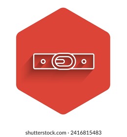 White line Leather belt with buttoned steel buckle icon isolated with long shadow background. Red hexagon button. Vector