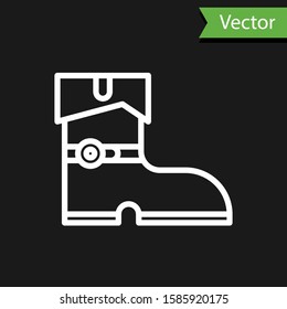 White line Leather pirate boots icon isolated on black background.  Vector Illustration