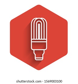 White line LED light bulb icon isolated with long shadow. Economical LED illuminated lightbulb. Save energy lamp. Red hexagon button. Vector Illustration