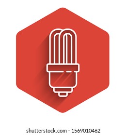 White line LED light bulb icon isolated with long shadow. Economical LED illuminated lightbulb. Save energy lamp. Red hexagon button. Vector Illustration