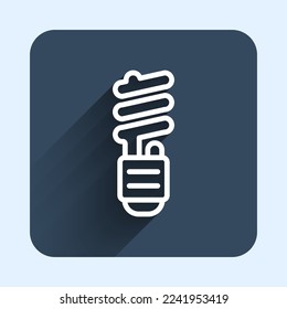 White line LED light bulb icon isolated with long shadow background. Economical LED illuminated lightbulb. Save energy lamp. Blue square button. Vector
