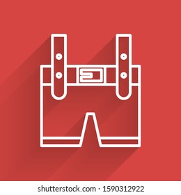 White line Lederhosen icon isolated with long shadow. Traditional bavarian clothing. Oktoberfest outfit. Pants with suspenders. Patrick day.  Vector Illustration