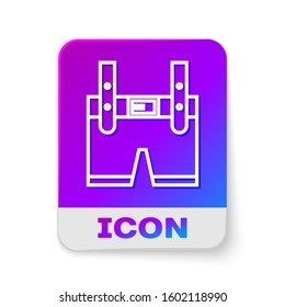 White line Lederhosen icon isolated on white background. Traditional bavarian clothing. Oktoberfest outfit. Pants with suspenders. Patrick day. Rectangle color button. Vector Illustration