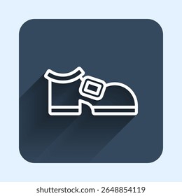 White line Leprechaun boot icon isolated with long shadow background. Happy Saint Patricks day. National Irish holiday. Blue square button. Vector