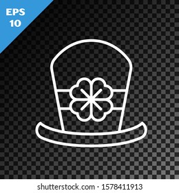 White line Leprechaun hat and four leaf clover icon isolated on transparent dark background. Happy Saint Patricks day.  Vector Illustration
