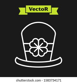 White line Leprechaun hat and four leaf clover icon isolated on black background. Happy Saint Patricks day.  Vector Illustration