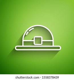 White line Leprechaun hat icon isolated on green background. Happy Saint Patricks day.  Vector Illustration