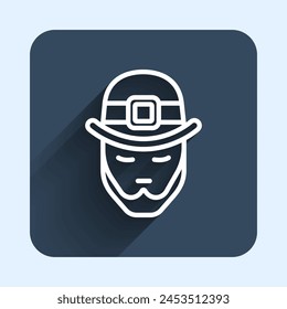 White line Leprechaun icon isolated with long shadow background. Happy Saint Patricks day. National Irish holiday. Blue square button. Vector