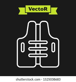 White line Life jacket icon isolated on black background. Life vest icon. Extreme sport. Sport equipment.  Vector Illustration