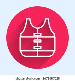 White line Life jacket icon isolated with long shadow. Life vest icon. Extreme sport. Sport equipment. Red circle button. Vector Illustration