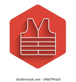 White line Life jacket icon isolated with long shadow. Life vest icon. Extreme sport. Sport equipment. Red hexagon button. Vector