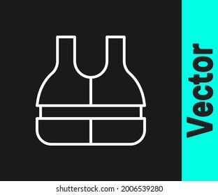White line Life jacket icon isolated on black background. Life vest icon. Extreme sport. Sport equipment.  Vector