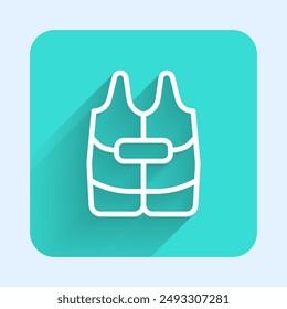 White line Life jacket icon isolated with long shadow background. Life vest icon. Extreme sport. Sport equipment. Green square button. Vector