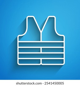 White line Life jacket icon isolated on blue background. Life vest icon. Extreme sport. Sport equipment. Long shadow. Vector