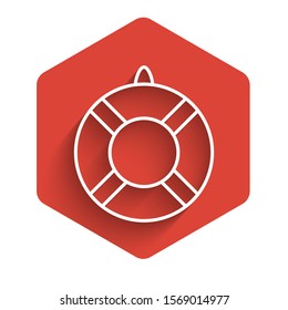 White line Lifebuoy icon isolated with long shadow background. Lifebelt symbol. Red hexagon button. Vector Illustration