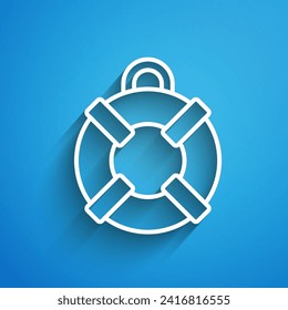 White line Lifebuoy icon isolated on blue background. Lifebelt symbol. Long shadow. Vector