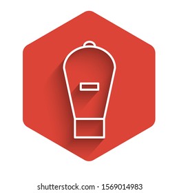 White line Lift bag icon isolated with long shadow background. Diving underwater equipment. Red hexagon button. Vector Illustration