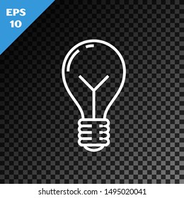 White line Light bulb with concept of idea icon isolated on transparent dark background. Energy and idea symbol. Inspiration concept.  Vector Illustration