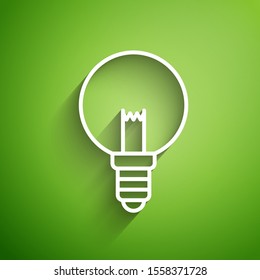 White line Light bulb with concept of idea icon isolated on green background. Energy and idea symbol. Inspiration concept.  Vector Illustration