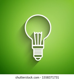 White line Light bulb with concept of idea icon isolated on green background. Energy and idea symbol. Inspiration concept.  Vector Illustration