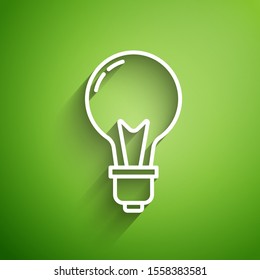 White line Light bulb with concept of idea icon isolated on green background. Energy and idea symbol. Inspiration concept.  Vector Illustration