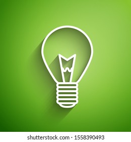 White line Light bulb with concept of idea icon isolated on green background. Energy and idea symbol. Inspiration concept.  Vector Illustration