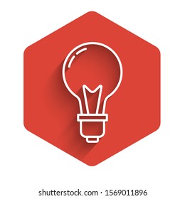 White line Light bulb with concept of idea icon isolated with long shadow. Energy and idea symbol. Inspiration concept. Red hexagon button. Vector Illustration