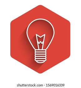 White line Light bulb with concept of idea icon isolated with long shadow. Energy and idea symbol. Inspiration concept. Red hexagon button. Vector Illustration