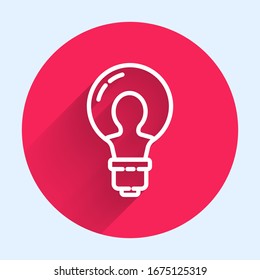 White line Light bulb with concept of idea icon isolated with long shadow. Energy and idea symbol. Inspiration concept. Red circle button. Vector Illustration