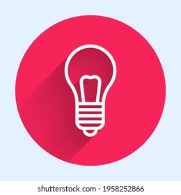 White line Light bulb with concept of idea icon isolated with long shadow. Energy and idea symbol. Inspiration concept. Red circle button. Vector Illustration