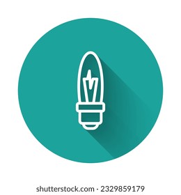 White line Light bulb with concept of idea icon isolated with long shadow background. Energy and idea symbol. Inspiration concept. Green circle button. Vector
