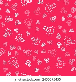 White line Light bulb with concept of idea icon isolated seamless pattern on red background. Energy and idea symbol. Inspiration concept.  Vector