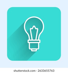 White line Light bulb with concept of idea icon isolated with long shadow. Energy and idea symbol. Inspiration concept. Green square button. Vector