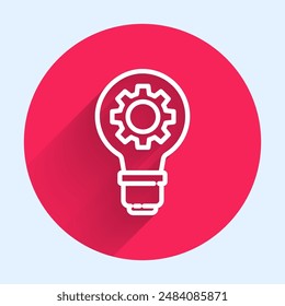 White line Light bulb and gear icon isolated with long shadow. Innovation concept. Business idea. Red circle button. Vector Illustration