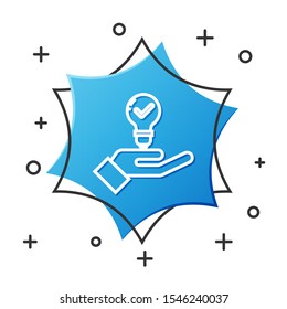 White line Light bulb in hand icon isolated on white background. Concept of idea. Blue hexagon button. Vector Illustration