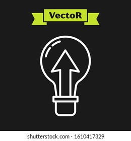 White line Light bulb icon isolated on black background. Energy and idea symbol. Lamp electric.  Vector Illustration