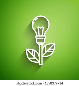 White line Light bulb with leaf icon isolated on green background. Eco energy concept. Alternative energy concept.  Vector Illustration
