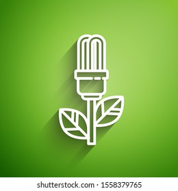 White line Light bulb with leaf icon isolated on green background. Eco energy concept. Alternative energy concept.  Vector Illustration