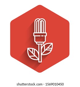 White line Light bulb with leaf icon isolated with long shadow. Eco energy concept. Alternative energy concept. Red hexagon button. Vector Illustration