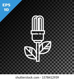 White line Light bulb with leaf icon isolated on transparent dark background. Eco energy concept. Alternative energy concept.  Vector Illustration