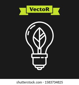 White line Light bulb with leaf icon isolated on black background. Eco energy concept. Alternative energy concept.  Vector Illustration